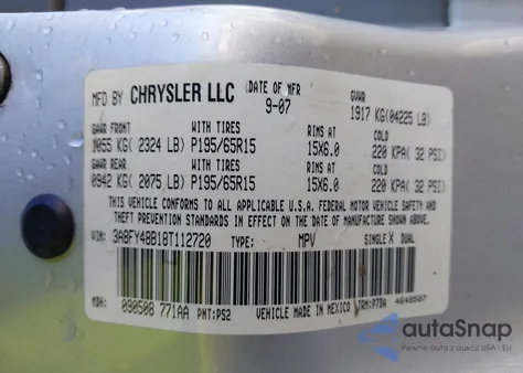 2008 Chrysler Pt Cruiser Lx z USA, uszkodzony, nr VIN 3A8FY48B18T112720